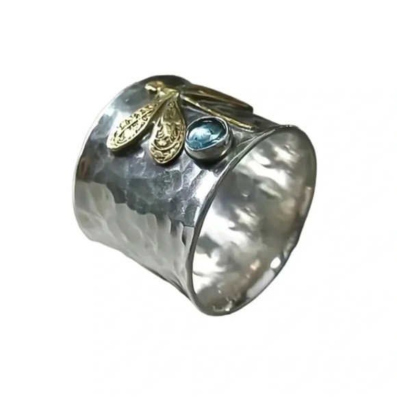 Retro Dragonfly Two Tone Hammered Silver Style Ring 7 - Picture 3 of 4